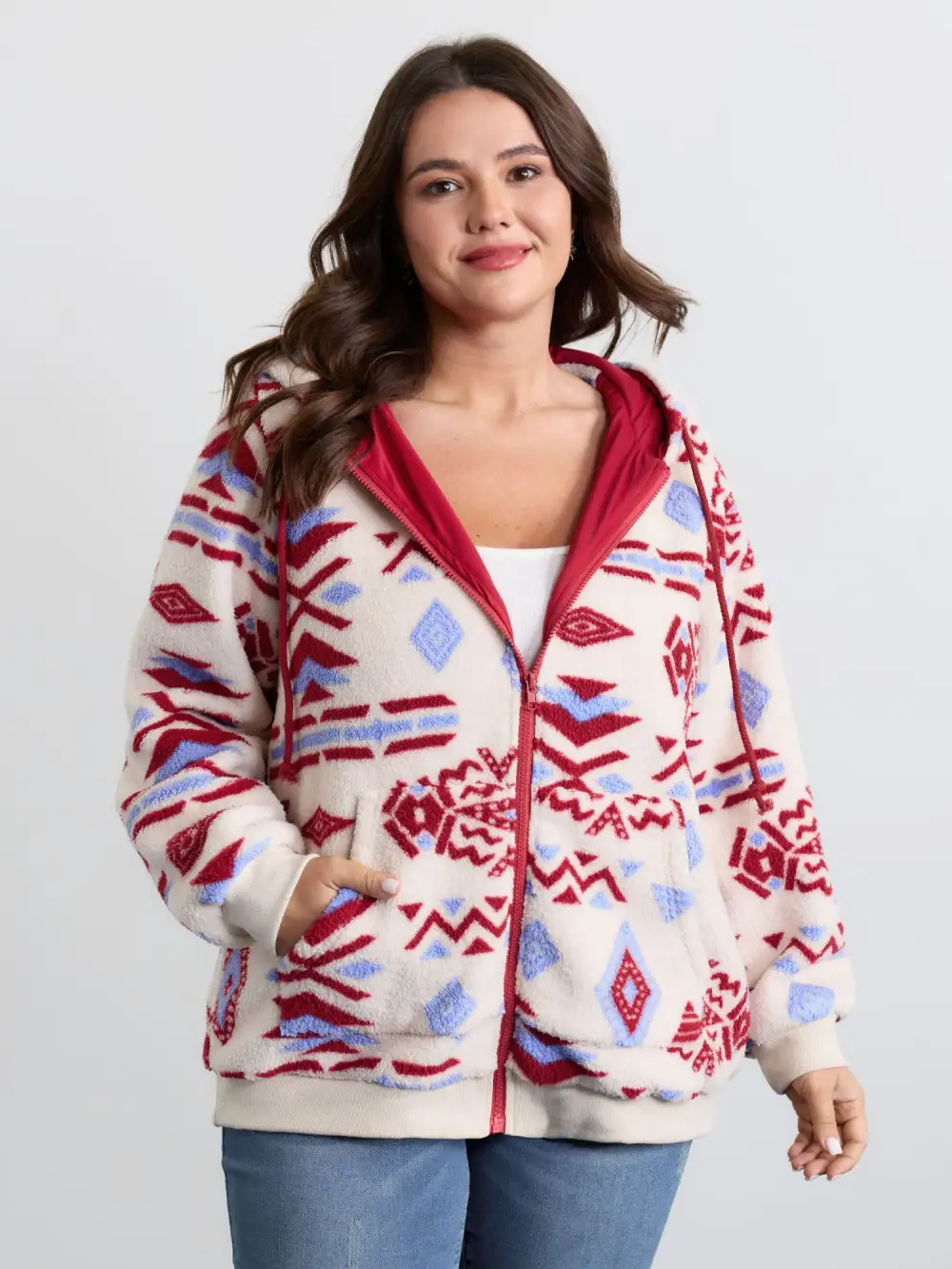 Holiday Pattern Zipper Contrast Jacket