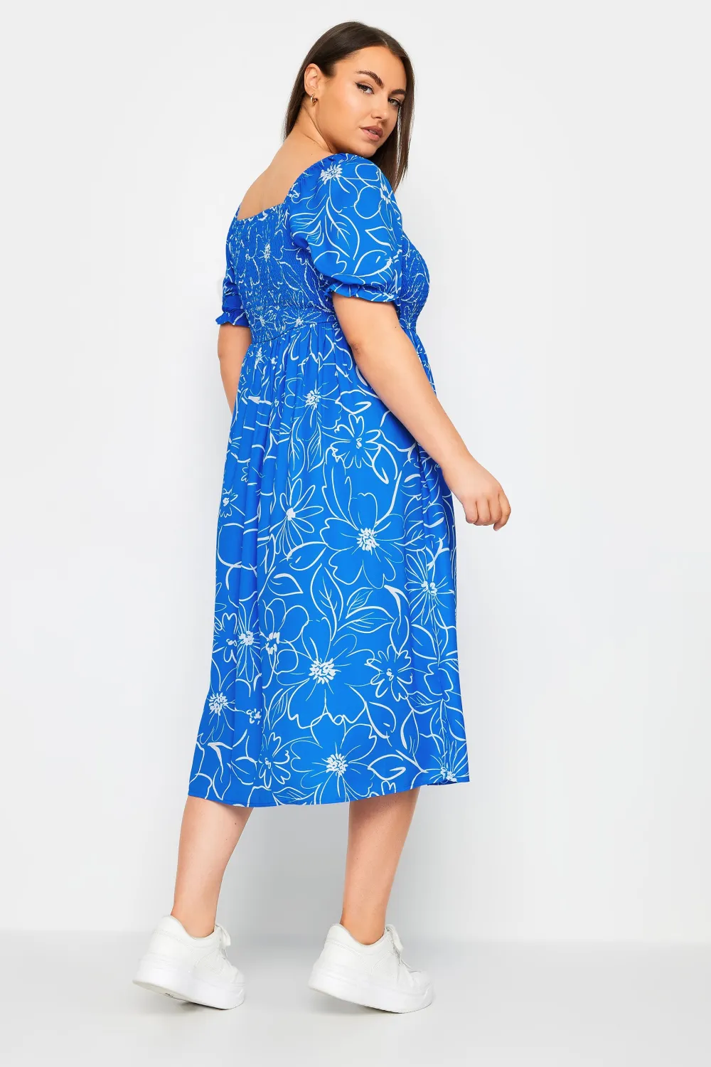 YOURS Curve Black Floral Print Shirred Midi Dress