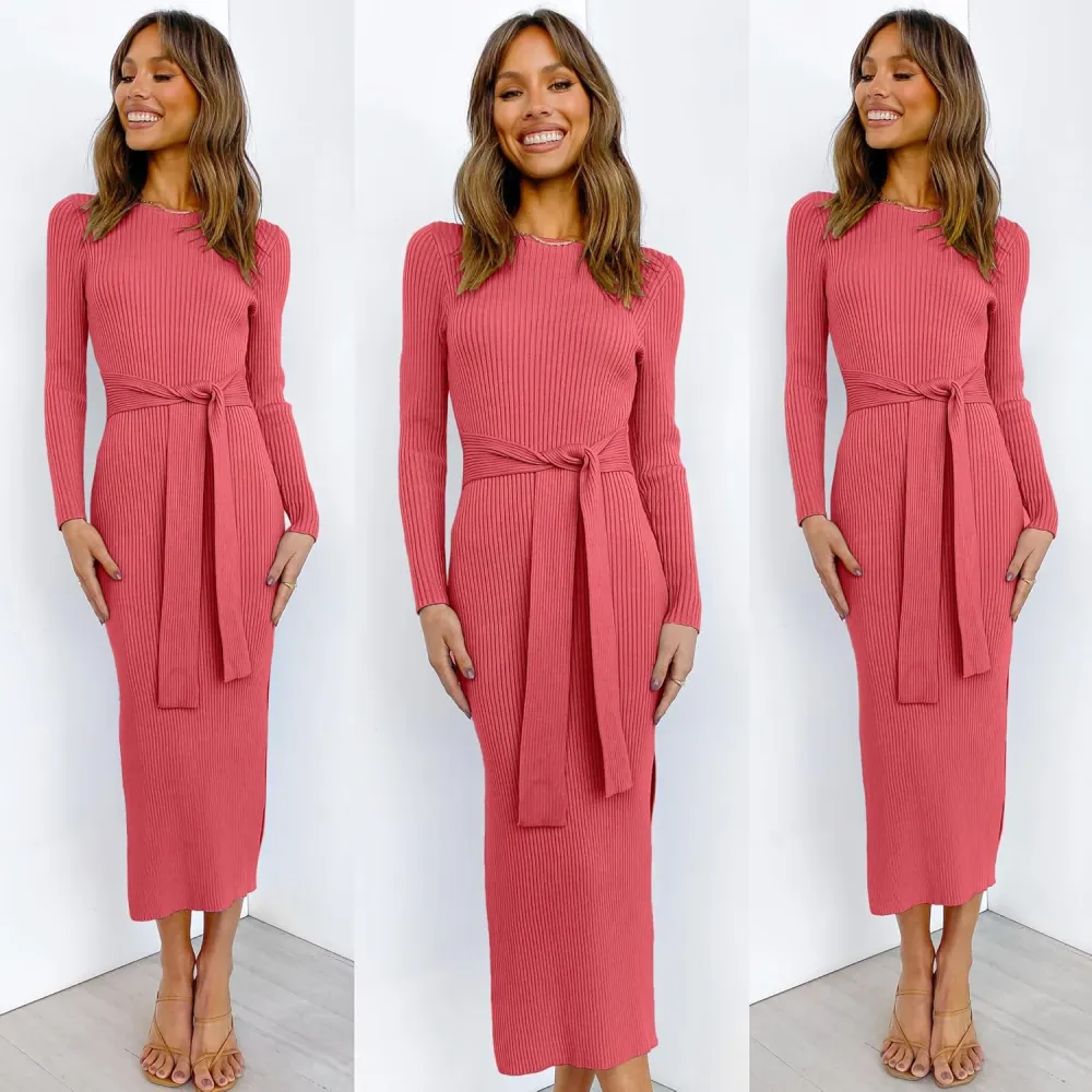 Long Sleeve Sweater Dress Crew Neck Slim Fit Slit Tie Waist 2024 Ribbed Knit Bodycon Midi Dress Fall Outfits