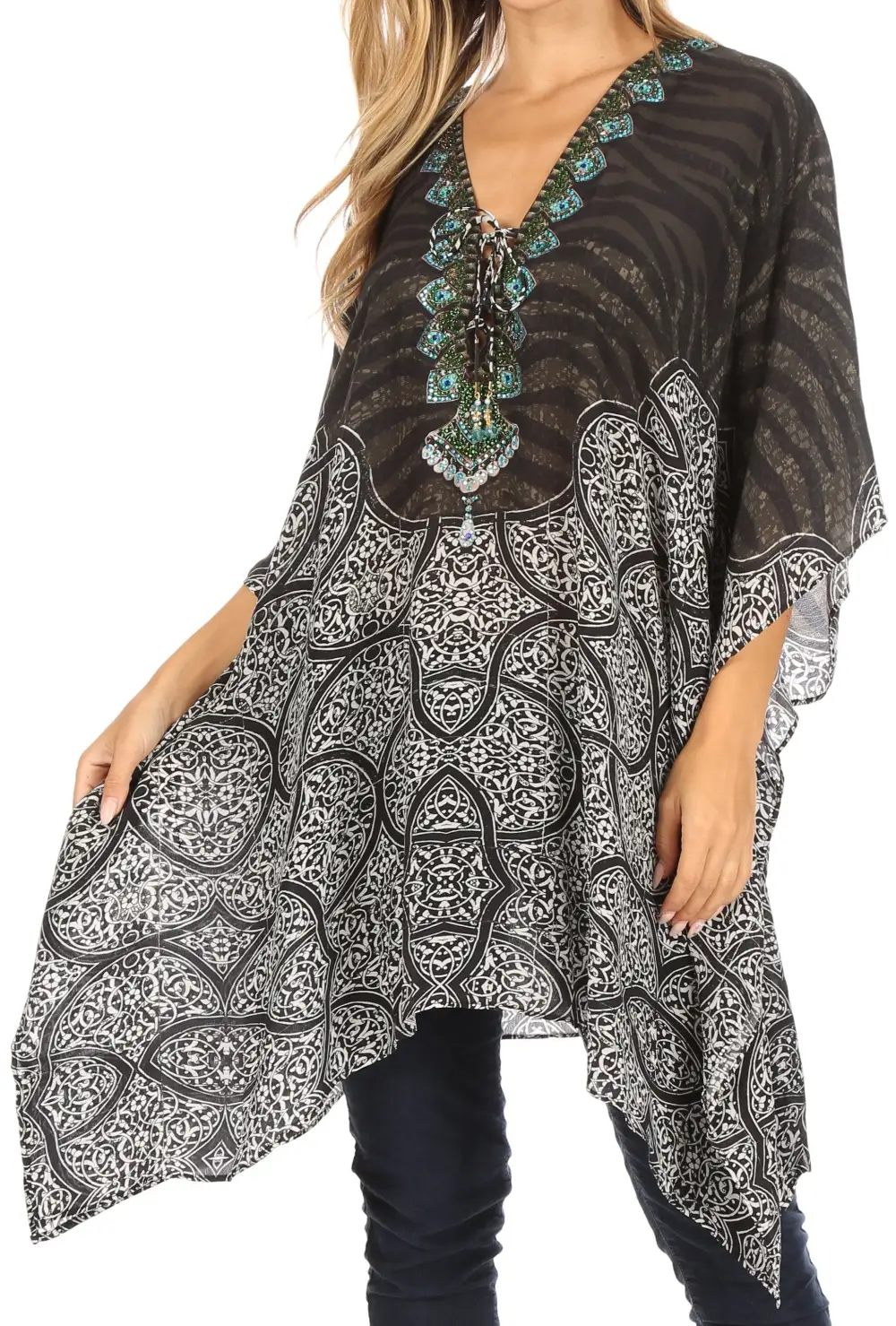 Women's Caftan Poncho Cover up V neck Top Lace up With Rhinestone