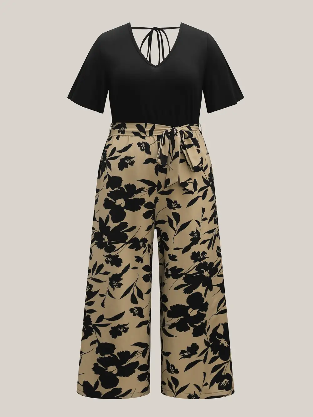 Floral Print Spliced Belted Wide-Leg Jumpsuit