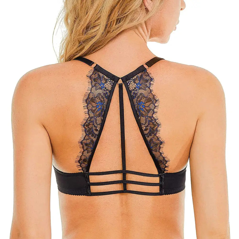 Women's Sexy Lace Bra Front Closure Unlined Racerback Underwire Plunge Bra