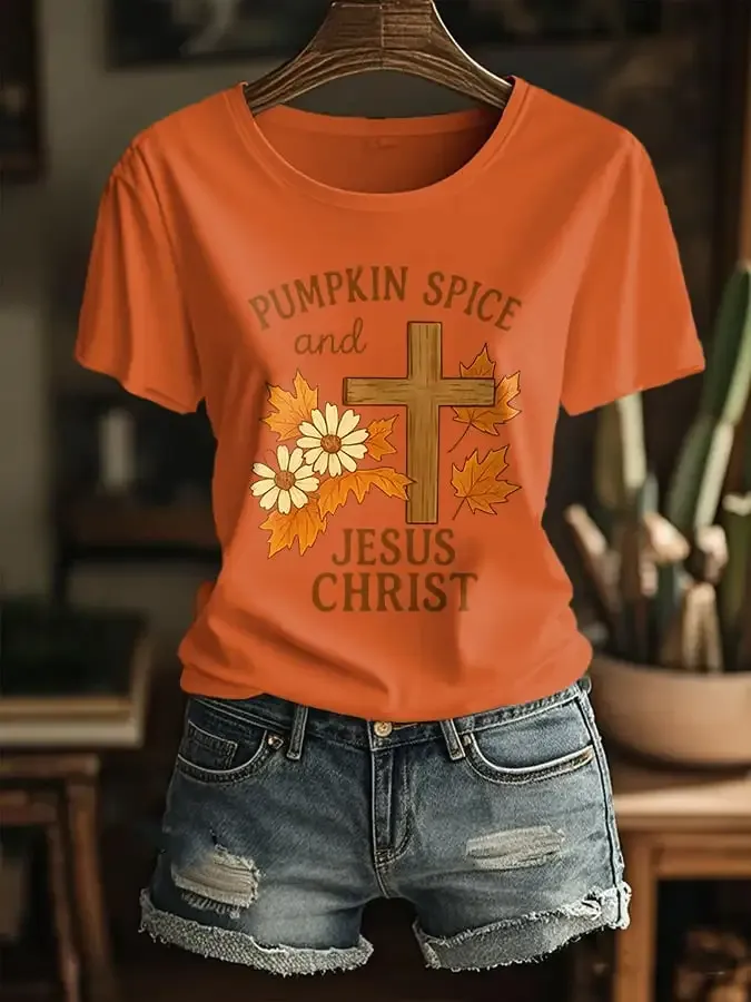 Women's Pumpkin Season Jesus Faith Cross Casual T-shirt