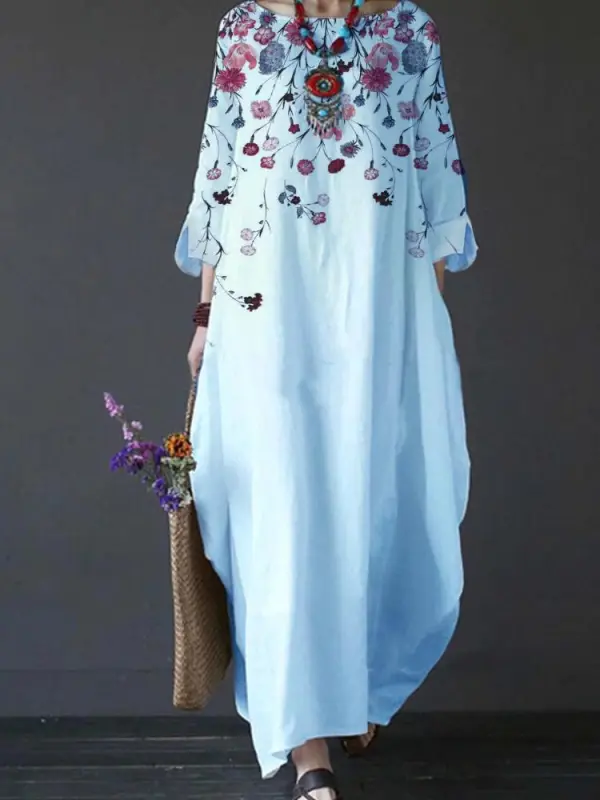 Women's Loose Slit Cuff Floral Printed Dress