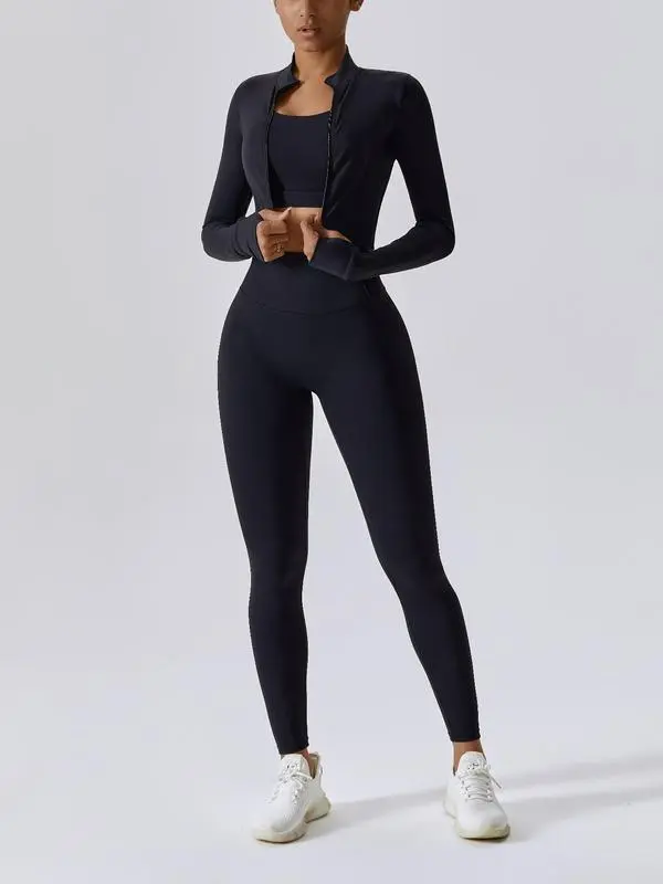 Women's 3 Piece Tracksuit Set - Criss Cross Crop Tank, High Waist Leggings & Zip Up Jacket