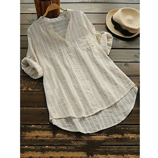 Blouse Women's Light Blue Black khaki Stripes Button Front Office S