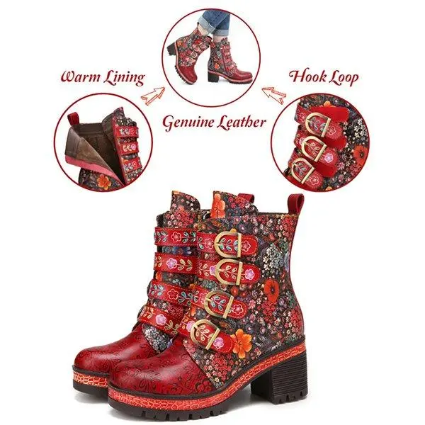 Floral Pattern Metal Buckle Chunky Heel Short Boots