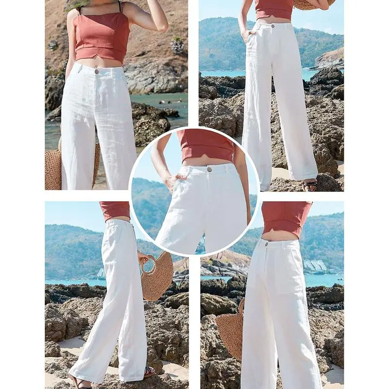 Womens Cotton Linen Pants Casual Button Up High Waisted Wide Leg Trousers Wideleg Loose