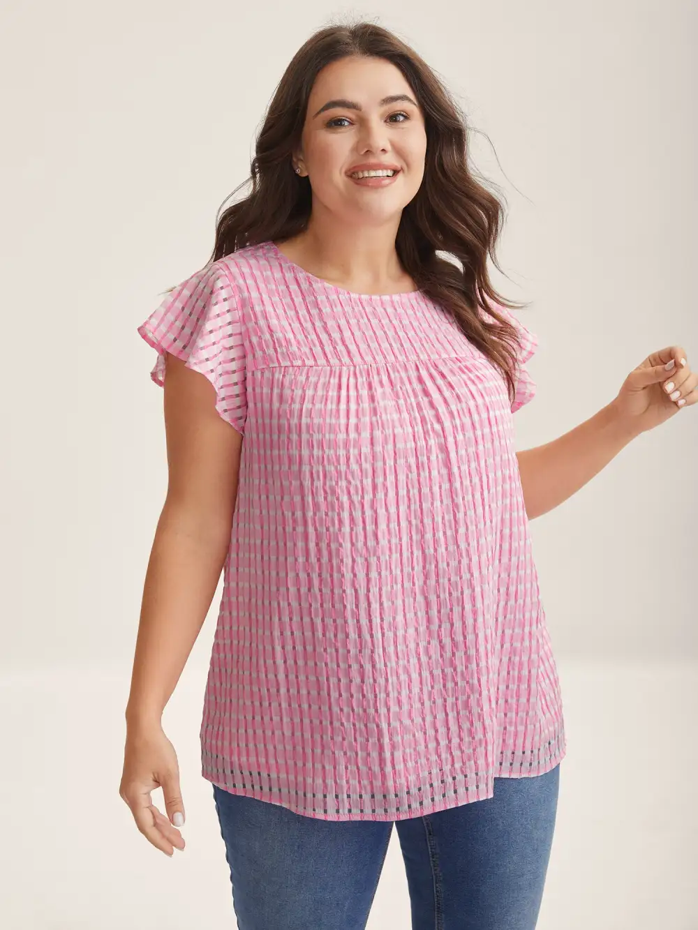 Textured Sheer Lined Flutter Sleeve Blouse