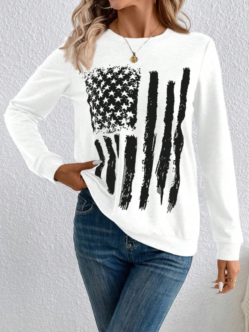 Women's Casual US Flag Print Loose Fit Round Neck Long Sleeve Sweatshirt, Spring Autumn