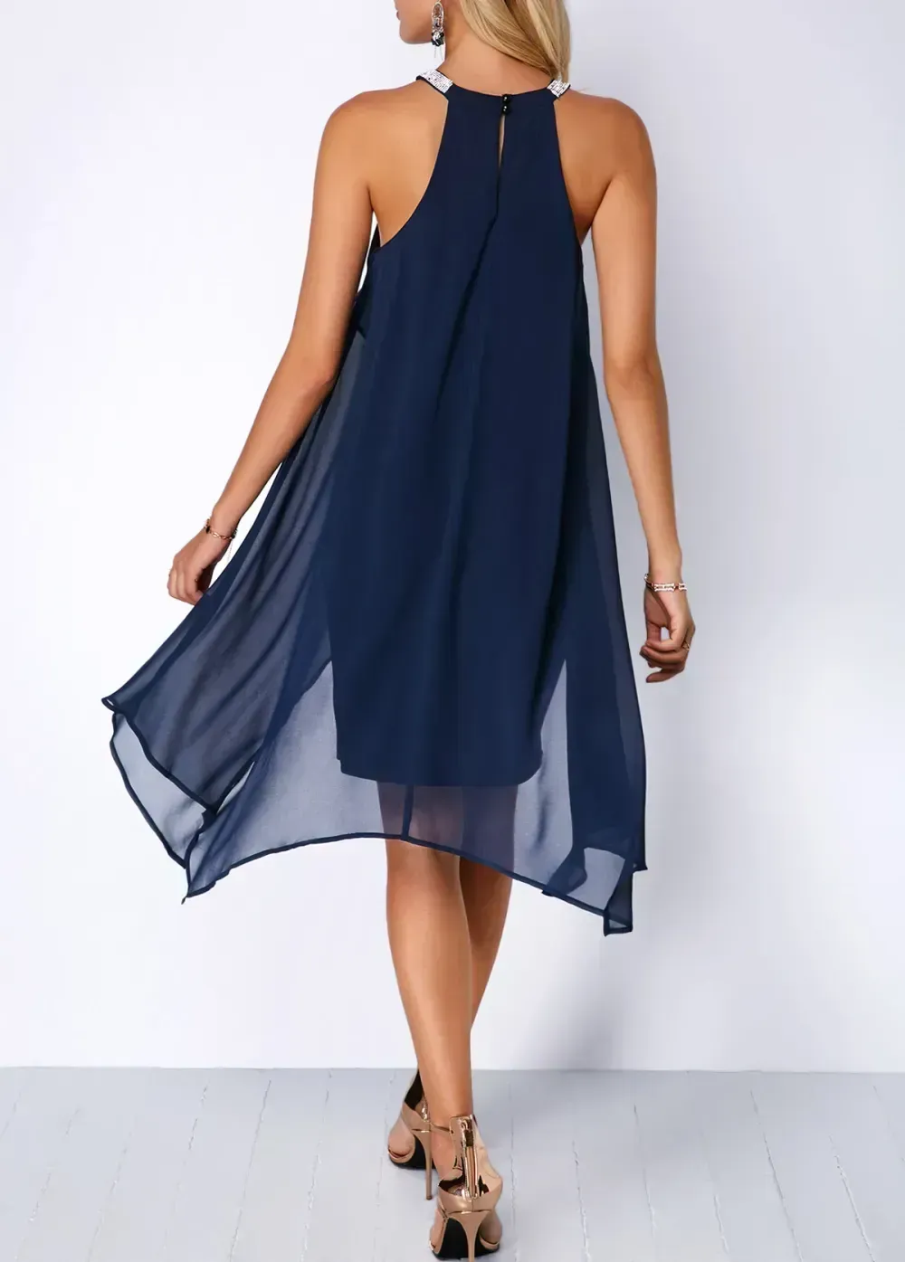 Embellished Neck Asymmetric Hem Chiffon Overlay Dress