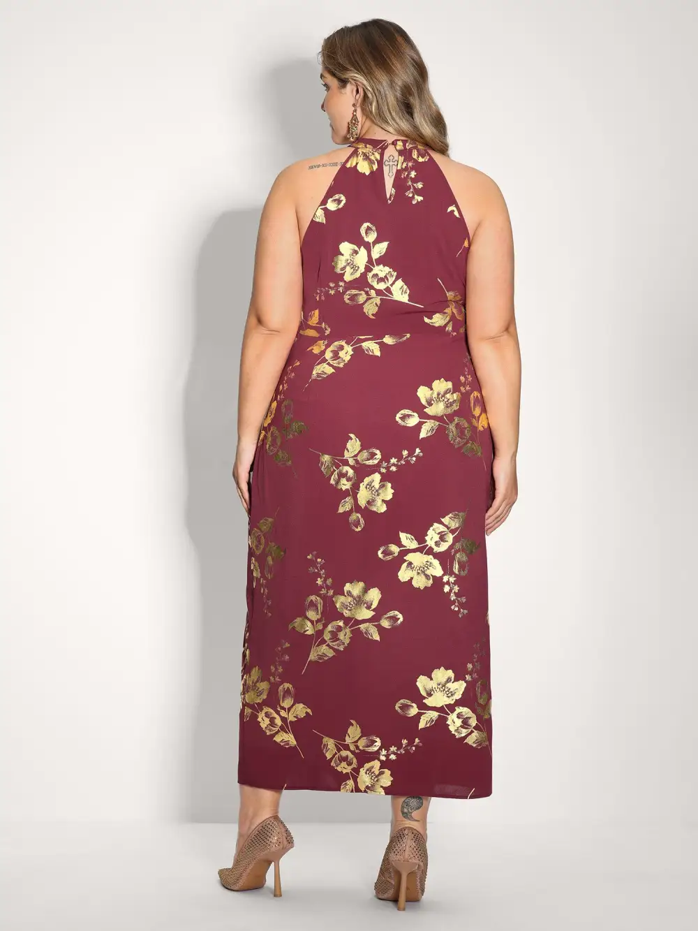 Gold Stamped Rose Twist Waist Midi Dress