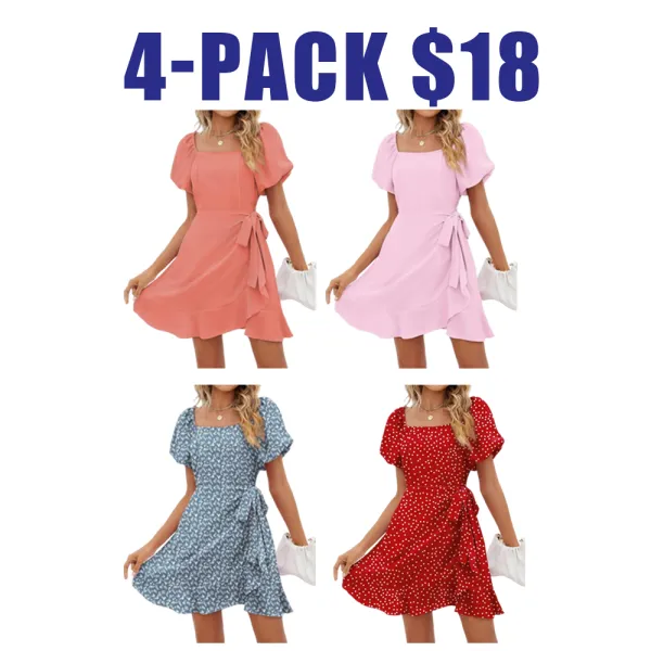 Womens Summer Dresses Square Neck Puff Sleeve Tie Waist Short Dress