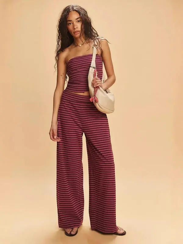Women's Striped Crop Top with Wide Leg Pants – Casual Sleeveless Summer Outfit