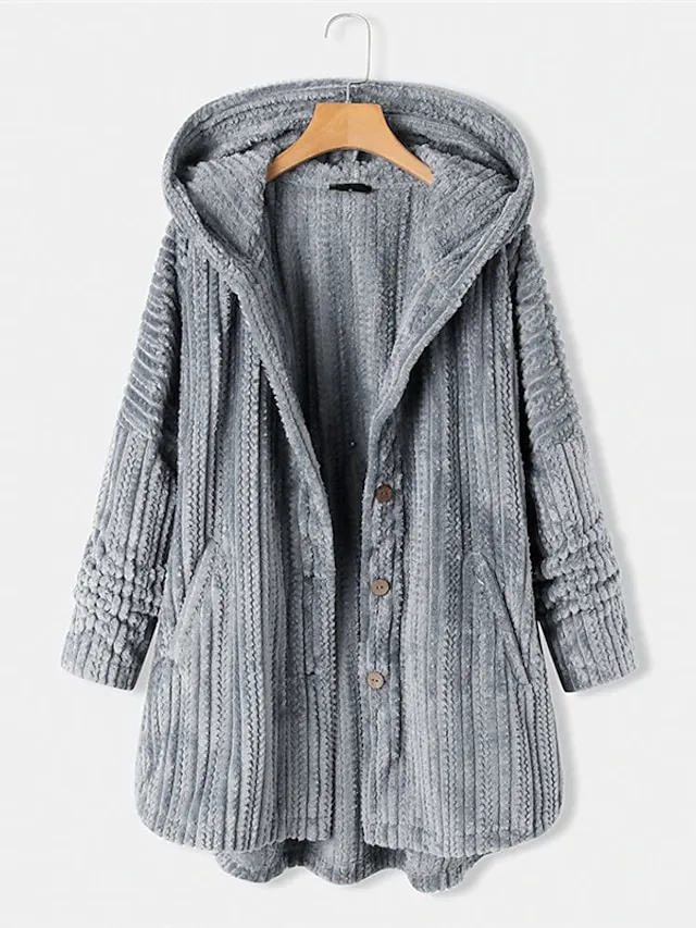 Women's Plus Size Teddy Coat Winter Coat Button Pocket Plain Outdoor Causal Long Sleeve Hoodie Regular Winter Fall Black Blue Khaki XL XXL 3XL 4XL 5XL