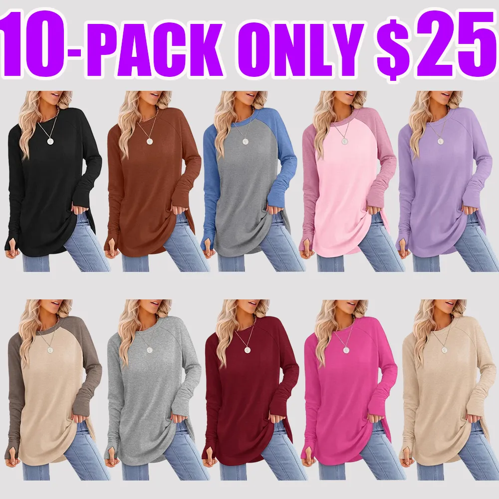 Womens Tunic Tops to Wear with Leggings Long Sleeve Thumb Hole Shirts Crew Neck Curved Hem