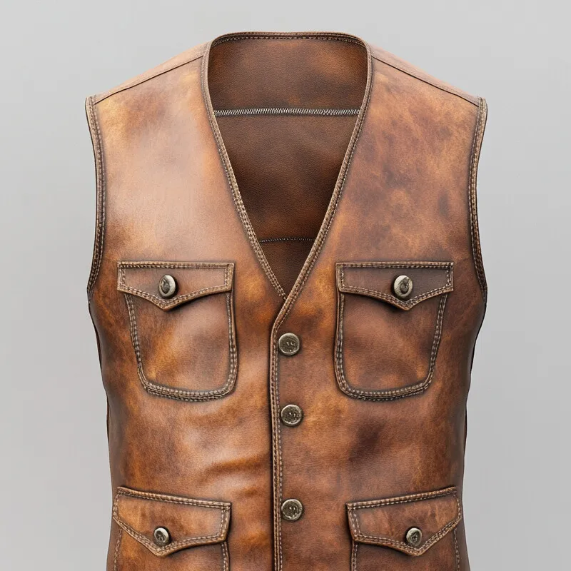 Men's Retro V Neck Button Multiple Pockets PU Leather Vest