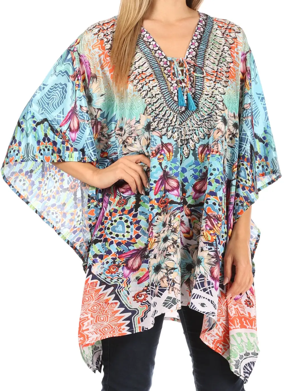 Women's Caftan Poncho Cover up V neck Top Lace up With Rhinestone