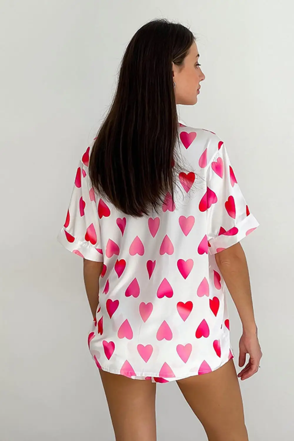 Peach Heart Print Shirt Two-Piece Shorts Set