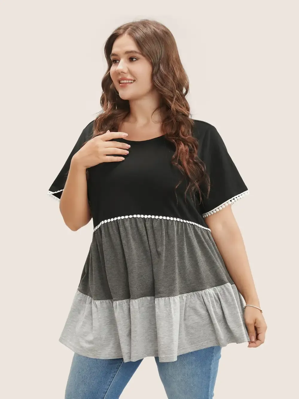 Colorblock Contrast Ruffle Tiered T-Shirt