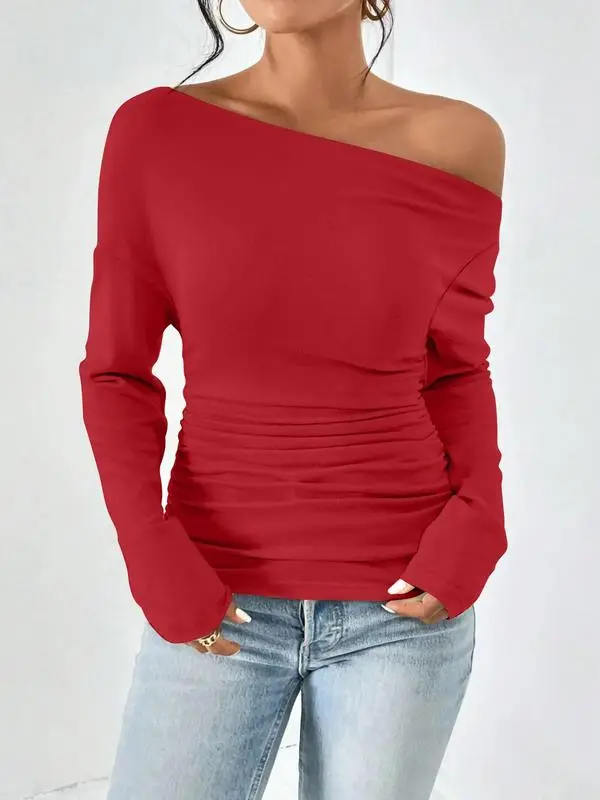 Women's Ruched Asymmetrical Neck Drop - Shoulder Tee