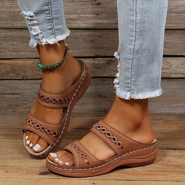 Women's Sandals Slippers Casual Daily Beach Solid Colored Summer Spring Cut Out Embroidery Wedge Heel Round Toe Casual Minimalism Synthetics Loafer Wine