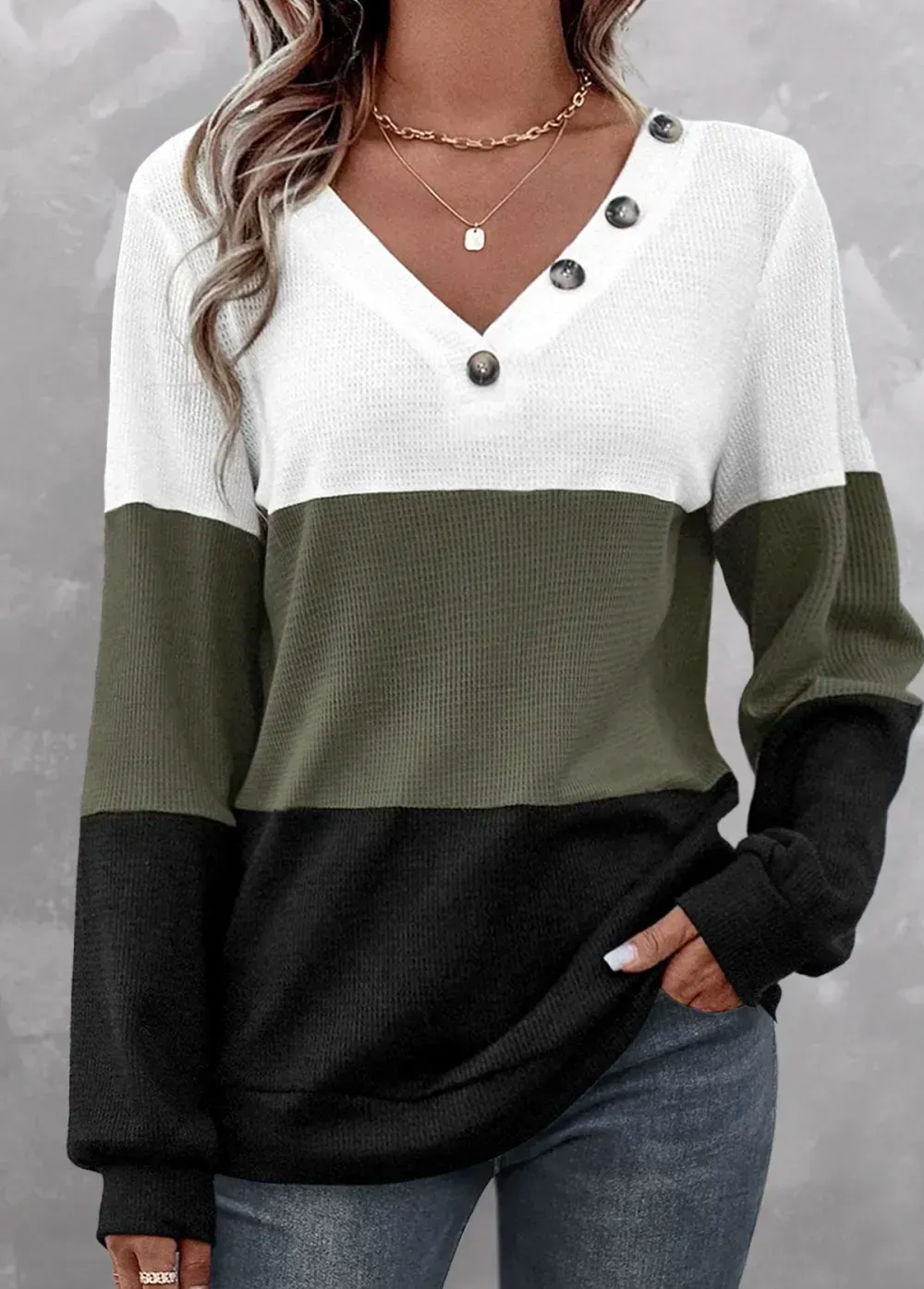Olive Green Patchwork Long Sleeve V Neck Sweatshirt