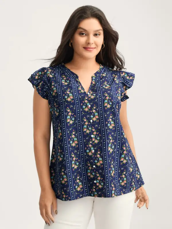 Floral Stripes Flutter Sleeve Blouse