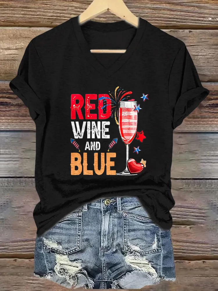 Women's America 1776 Red Wine And Blue Print Short Sleeve Round Neck Cotton T-Shirt
