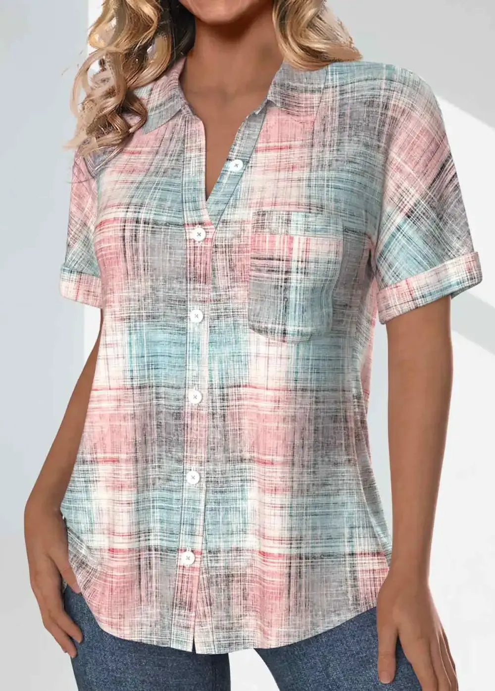 Light Pink Pocket Plaid Short Sleeve Shirt Collar Blouse
