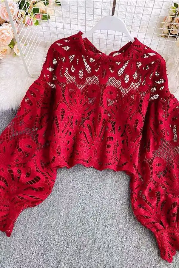 Hollow-Out Lace Irregular Blouse