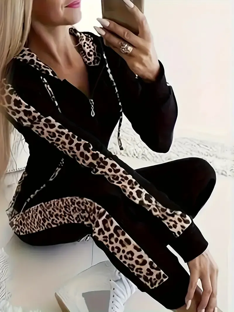 leopard Print Chic Two-piece Outfit Set - Stylish Zip Hoodie & Drawstring Joggers - Casual Everyday Wear for Women