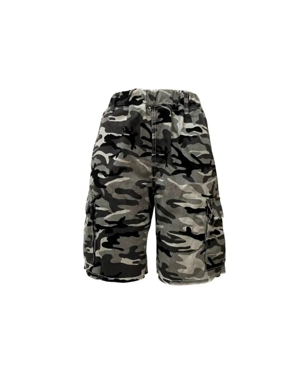 Women's Camo Print Straight-Leg Shorts with Pockets-Raw Hem, Elastic Waist