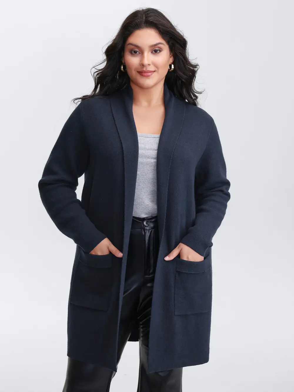 Supersoft Folded Collar Pockets Open-Front Knit Cardigan
