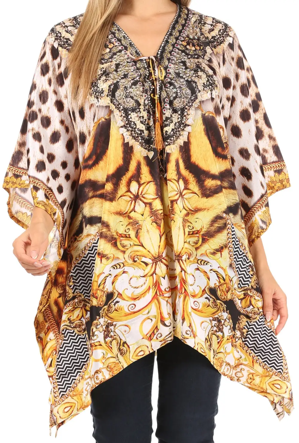 Women's Caftan Poncho Cover up V neck Top Lace up With Rhinestone