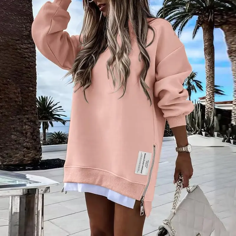 Womens Long Sleeve Zipper Slit Sweatshirt Dress