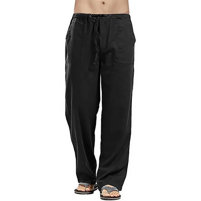 Men's Linen Pants Trousers Summer Pants Beach Pants Pocket Drawstring Elastic Waistband Plain Comfort Breathable Full Length Daily Streetwear Linen / Cotton Blend Fashion Casual / Sporty Loose Fit