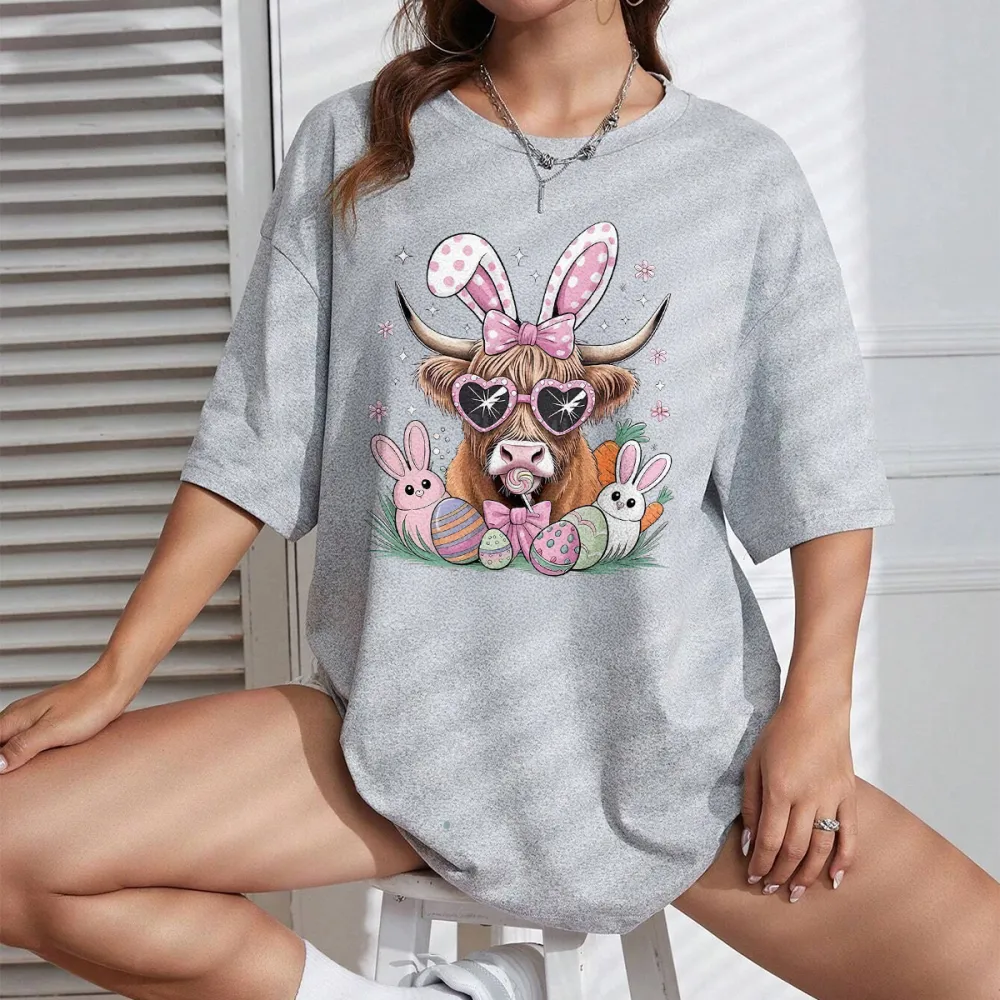 West Highland Cattle Easter Bunny Easter Eggs Printed Round Neck Short Sleeve T-Shirt