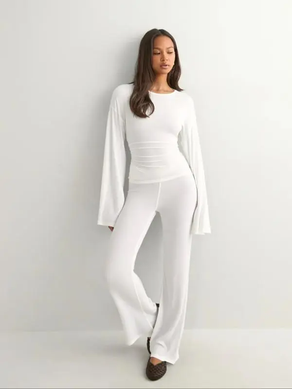 Women's Fall New Round Neck Flare Long Sleeve Top & Elastic Waist Straight Leg Pants Set