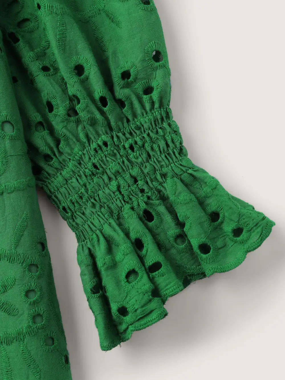 Eyelet Embroidery Shirred Cuffs Midi Dress