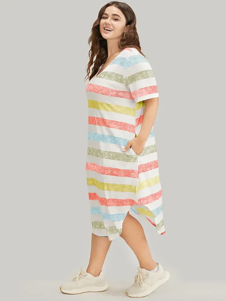 Striped Contrast Arc Hem V Neck Pocket Dress