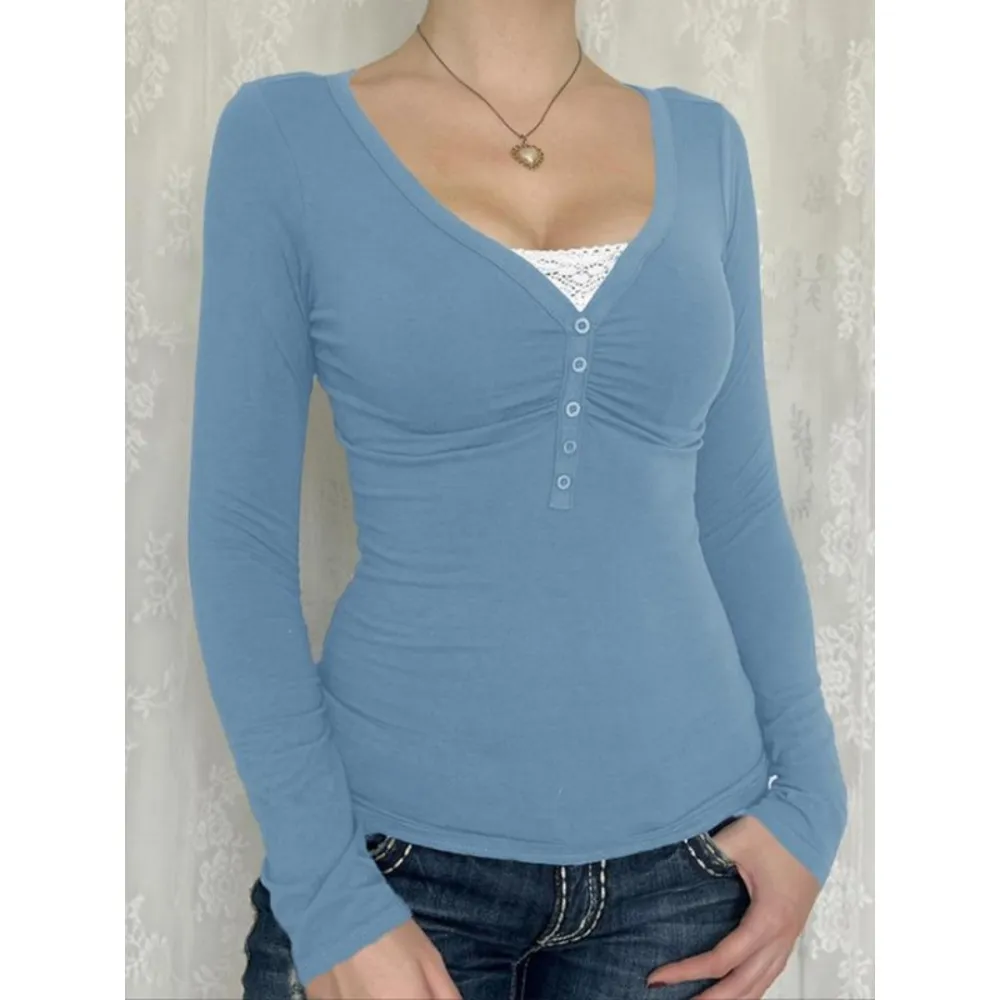 Women's Contrast Lace Button V Neck Tee