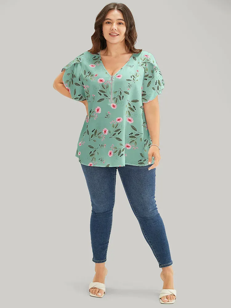 Floral O Ring Zipper Split Petal Sleeve Blouse