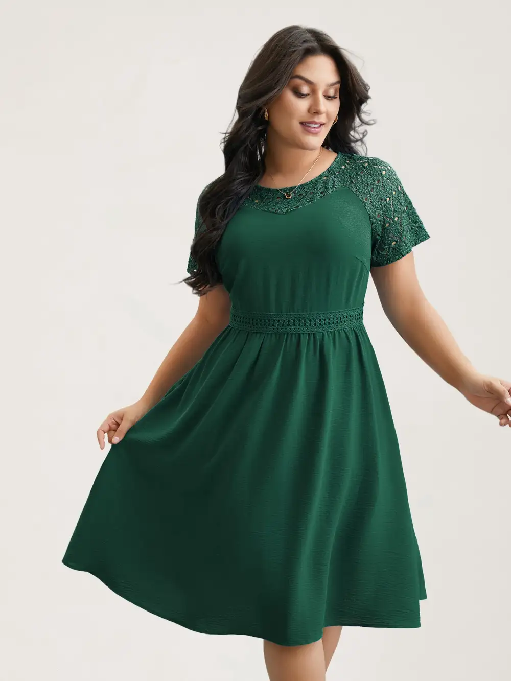 Lace Cut-Out Raglan Sleeve Pockets Midi Dress
