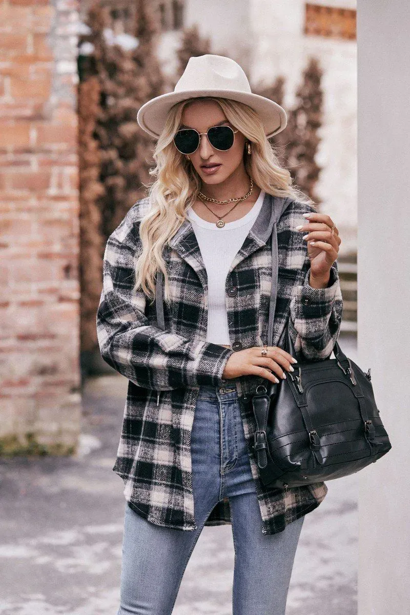 WOMEN FLANNEL PLAID HOODIE SHACKET