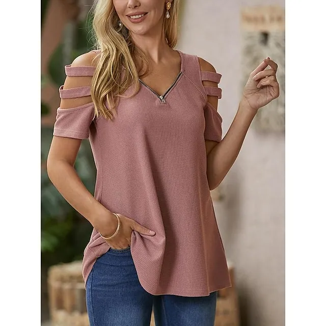 Blouse Women's Pink Plaid Zipper Cut Out Street Going out Basic V Neck S
