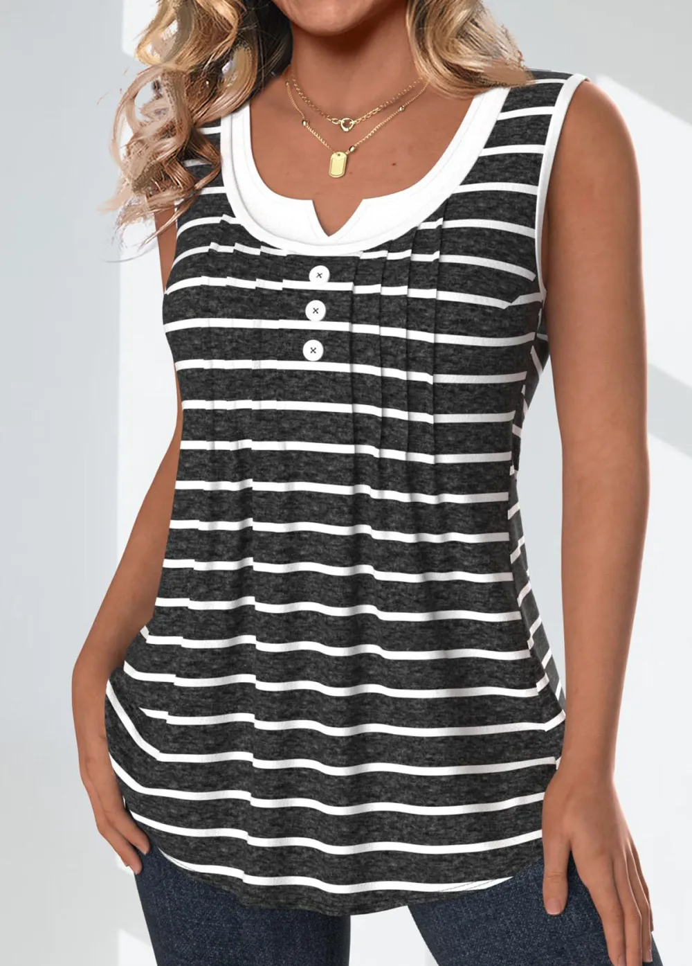 Dark Grey Marl Patchwork Striped Sleeveless Tank Top