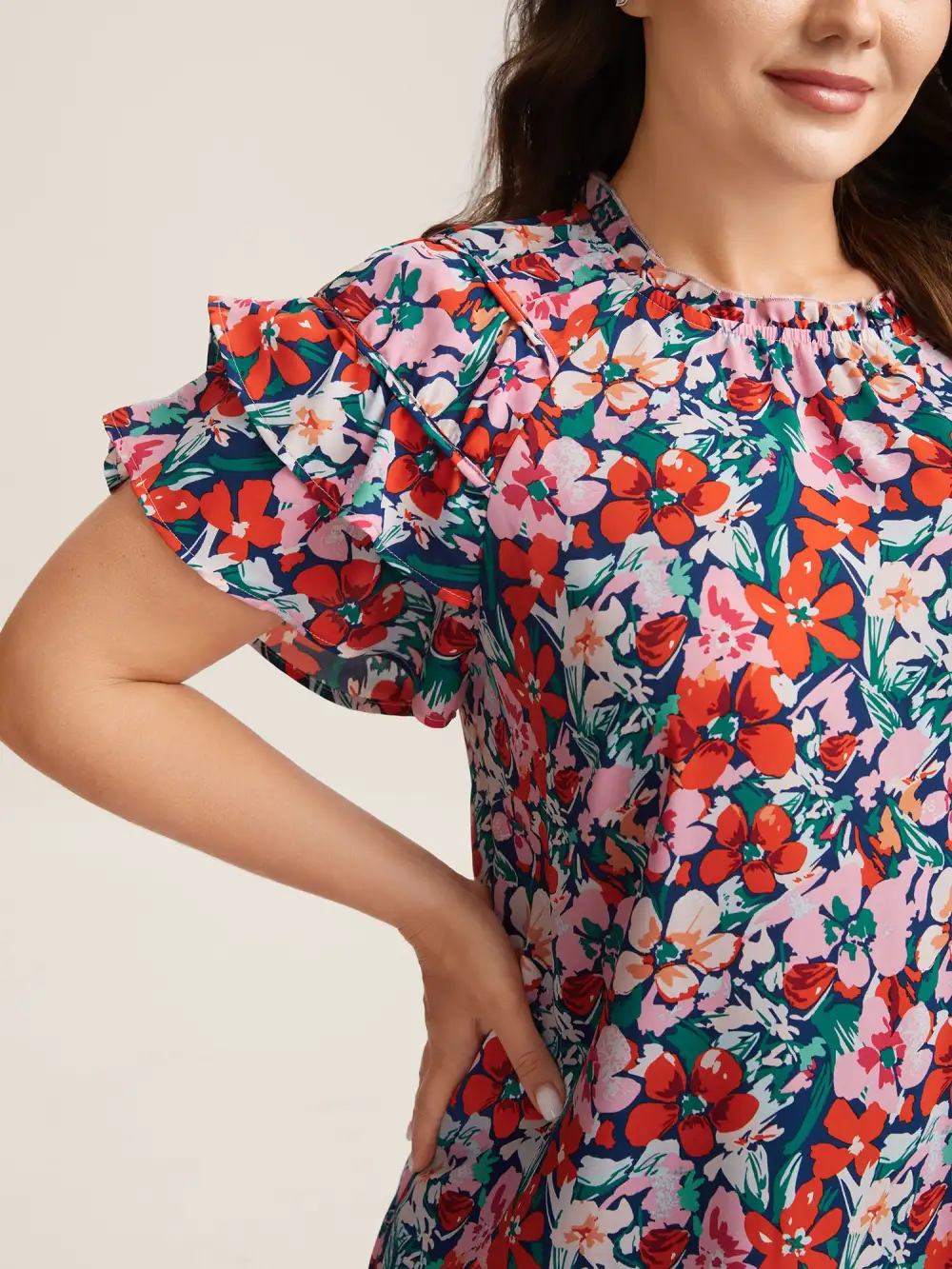 Groovy Floral Print Ruffled Layered Sleeve Blouse