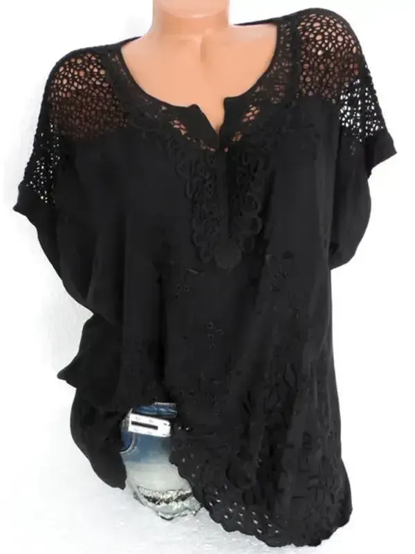 Woman Fashion Openwork Lace Shirt Tops Blouse