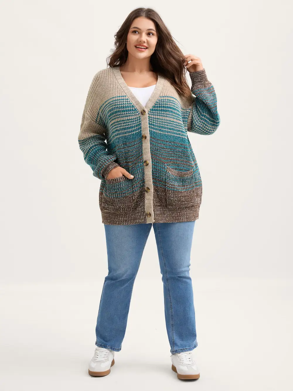 Colorful Stripes Button Pockets Knit Cardigan